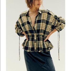 Free People Button up Black Plaid Peplum Shirt